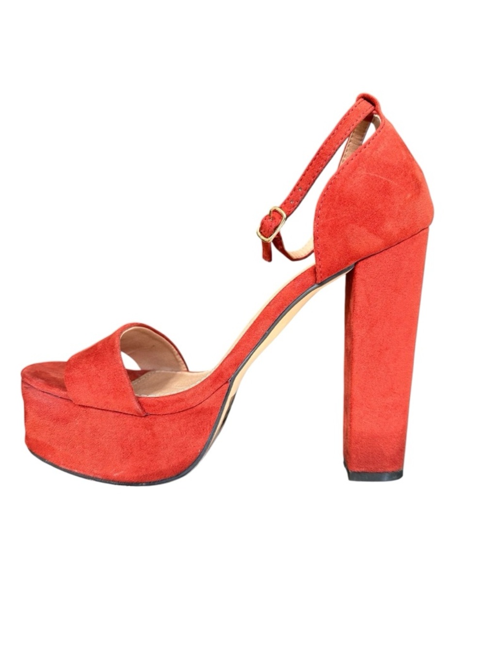 Red Brick Faux Suede Platform Block Heel Sandals, 7